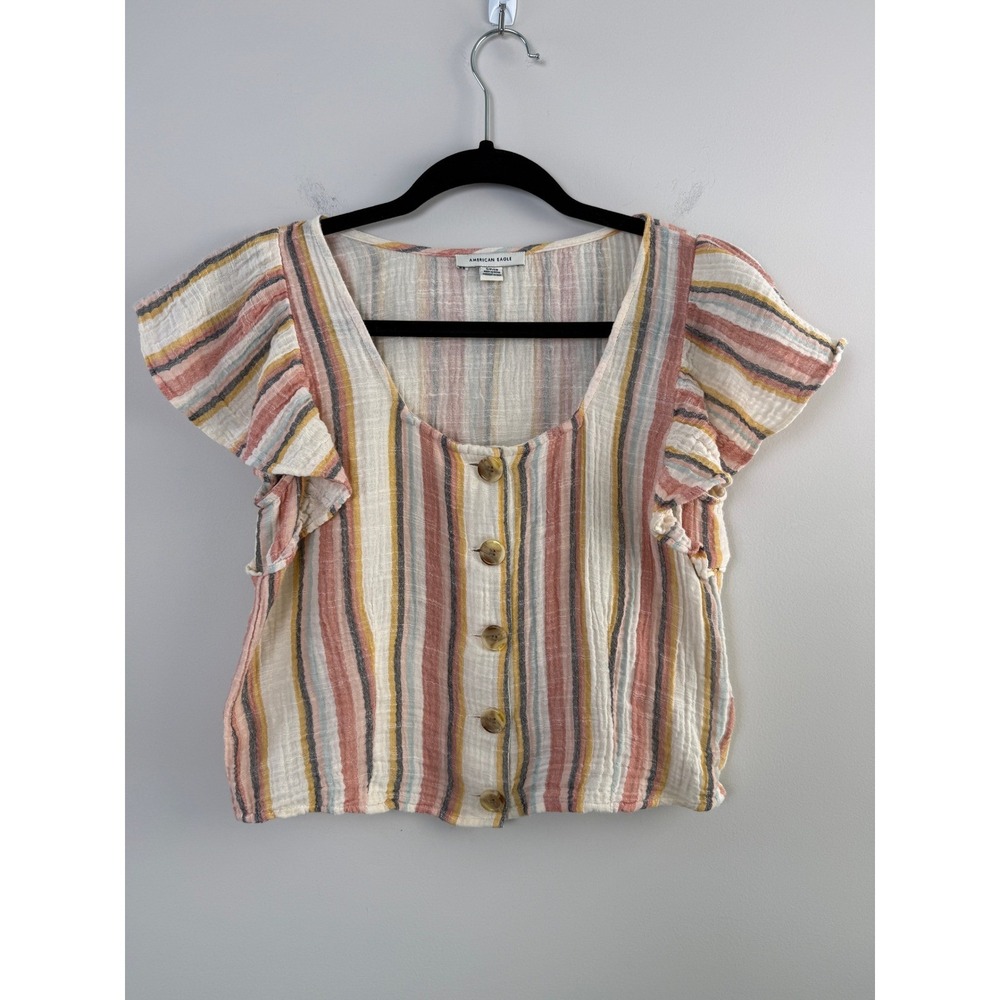 American Eagle Button Front Top Womens‎ Small Multicolor Striped Flutter Sleeve